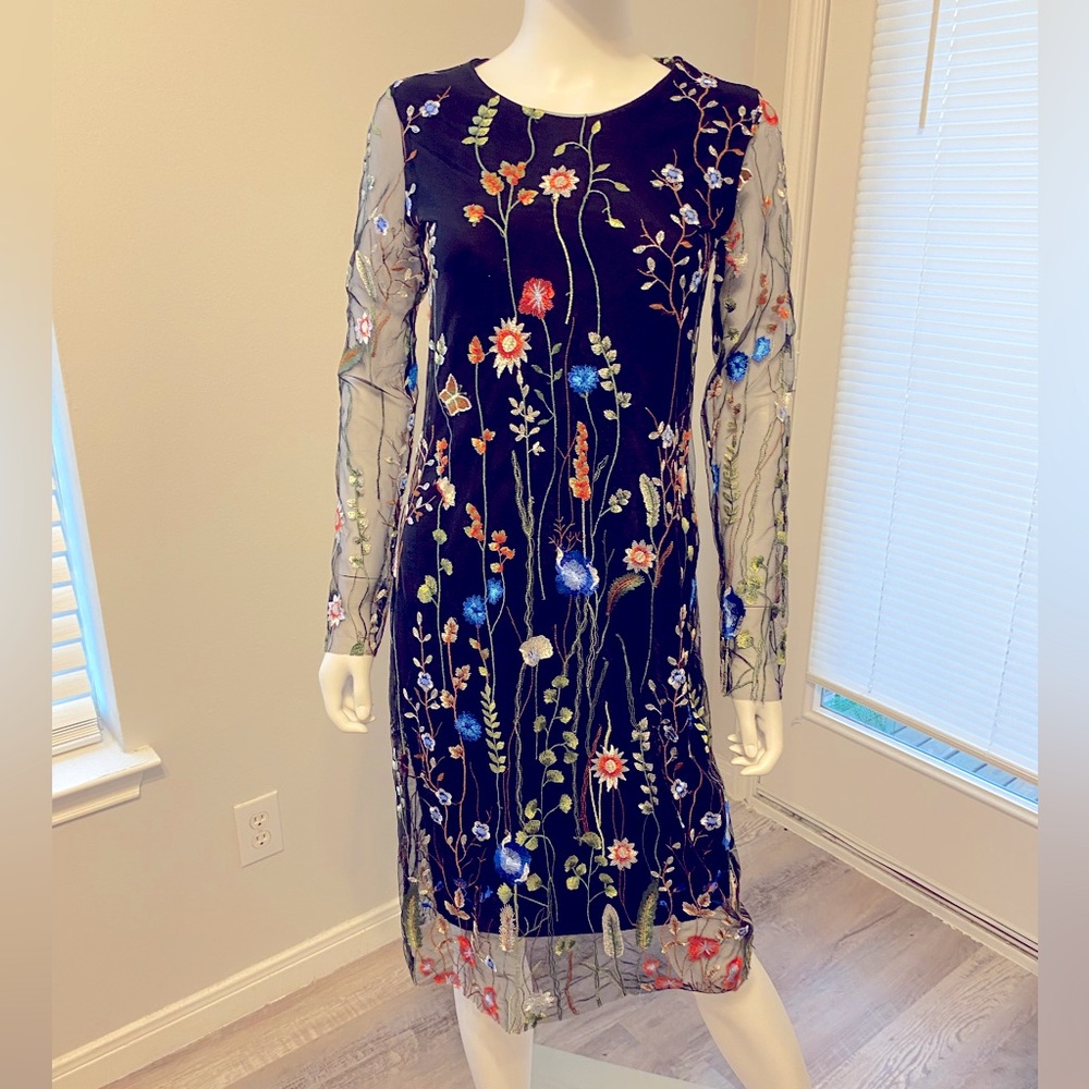 NWOT ModisWoman Dress Black with Floral Embroidery with Mesh SZ XS - RUNS LARGE